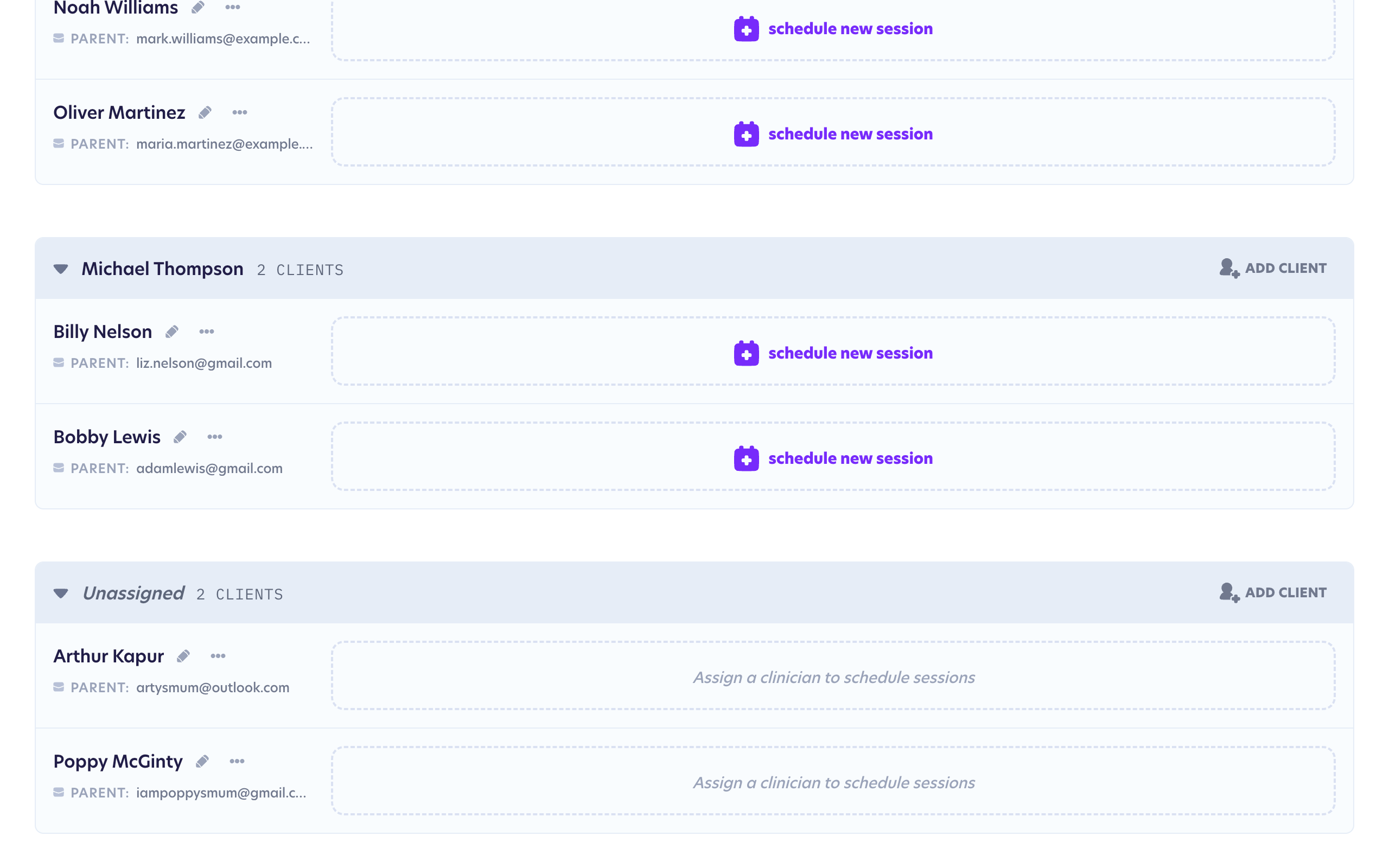 Your new client in the table view, grouped by clinician