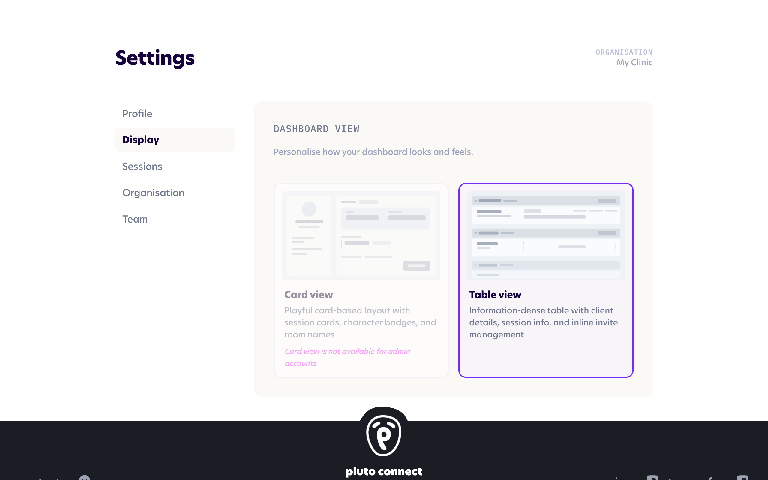The Display settings screen for admins
