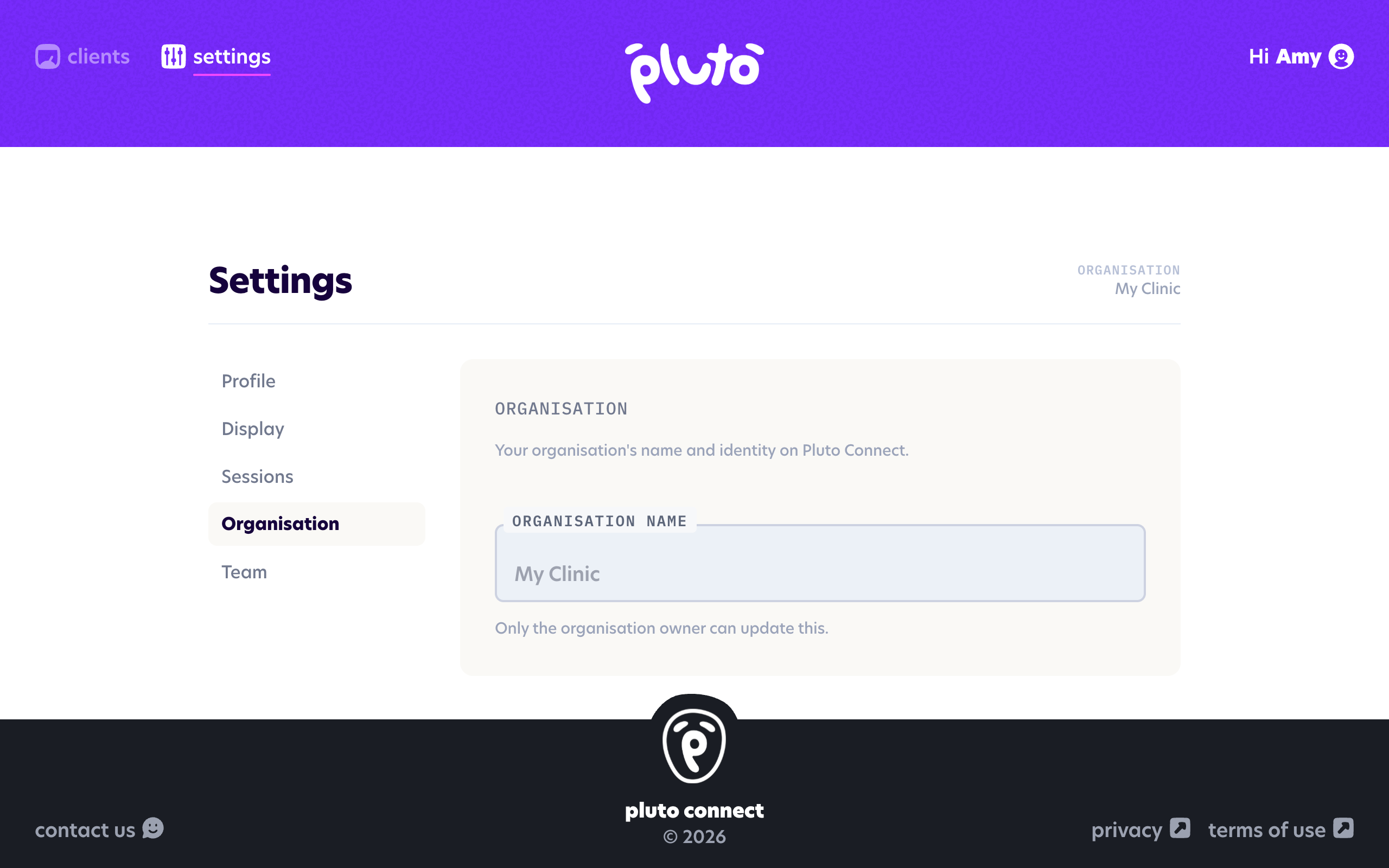 The Organisation settings page (read-only for clinicians and admins)