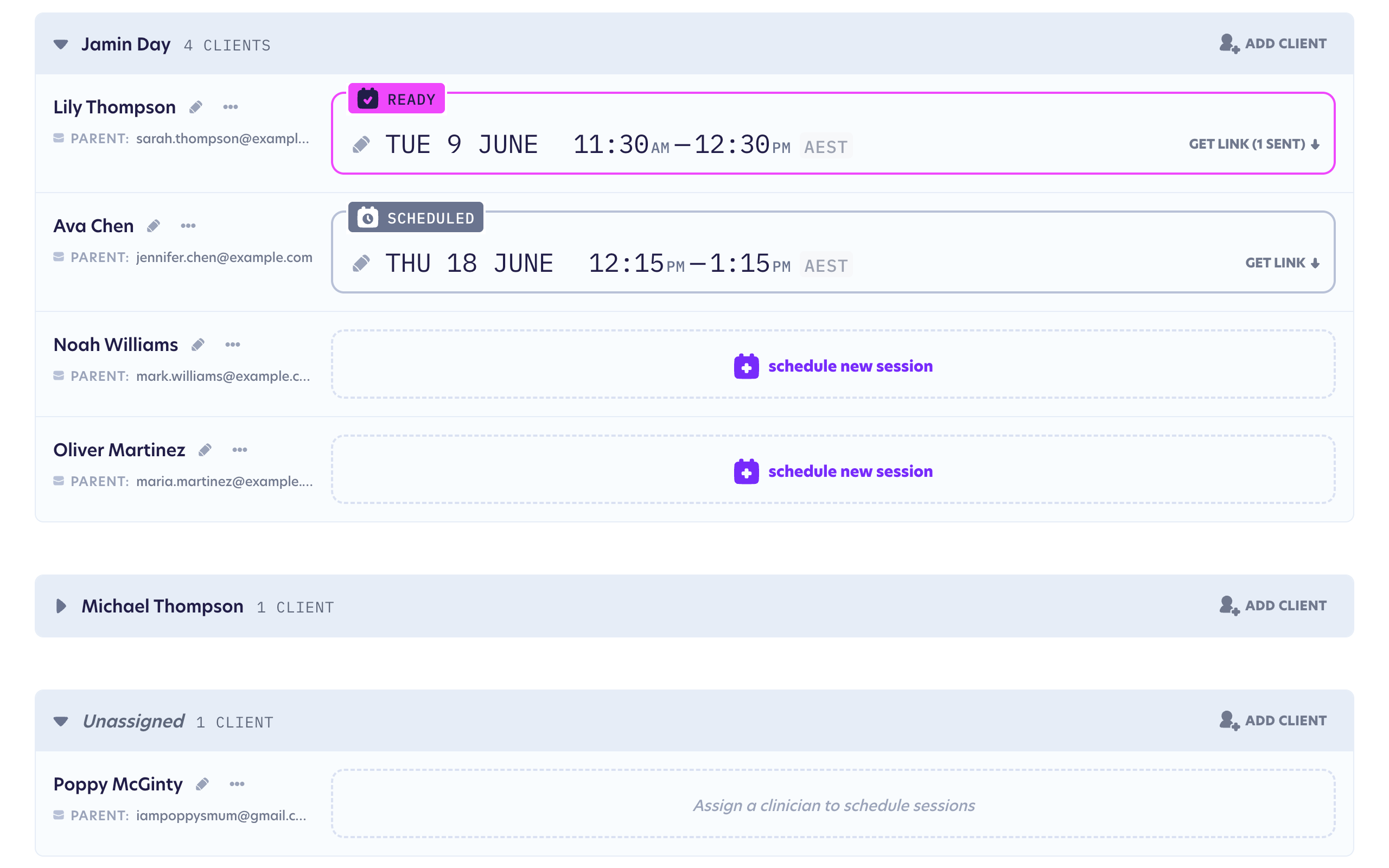 The admin dashboard in table view