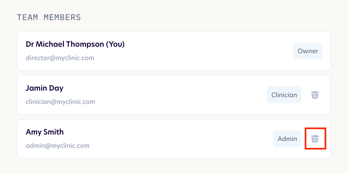 Click the bin to remove a team member
