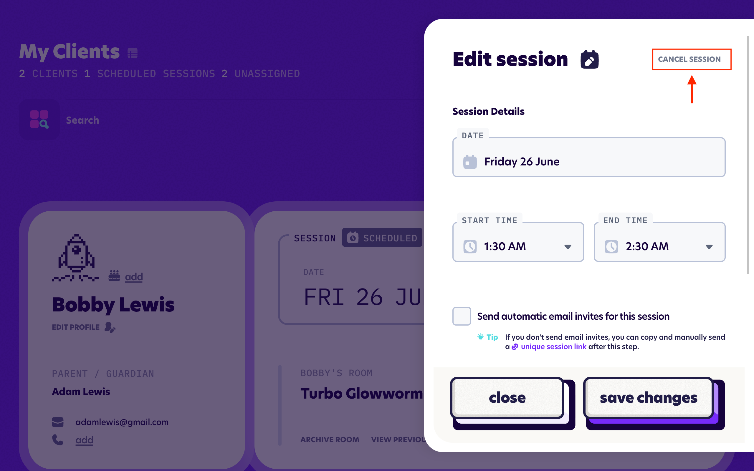 How to cancel a session