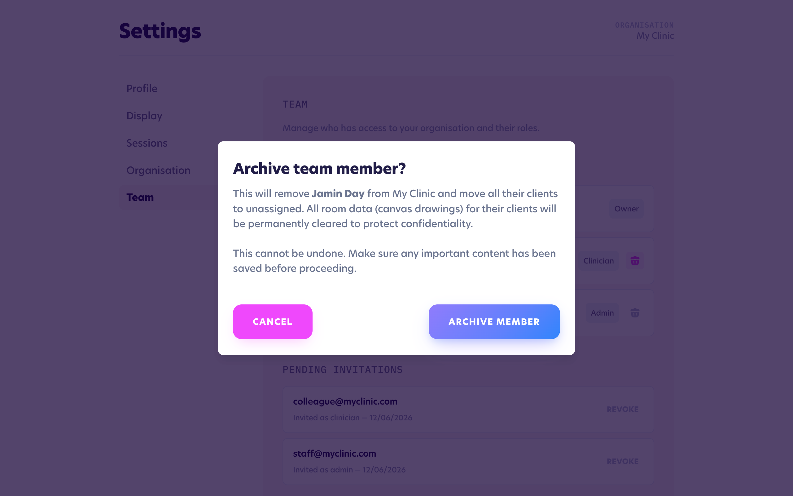 Removing a team member, available to the clinic owner