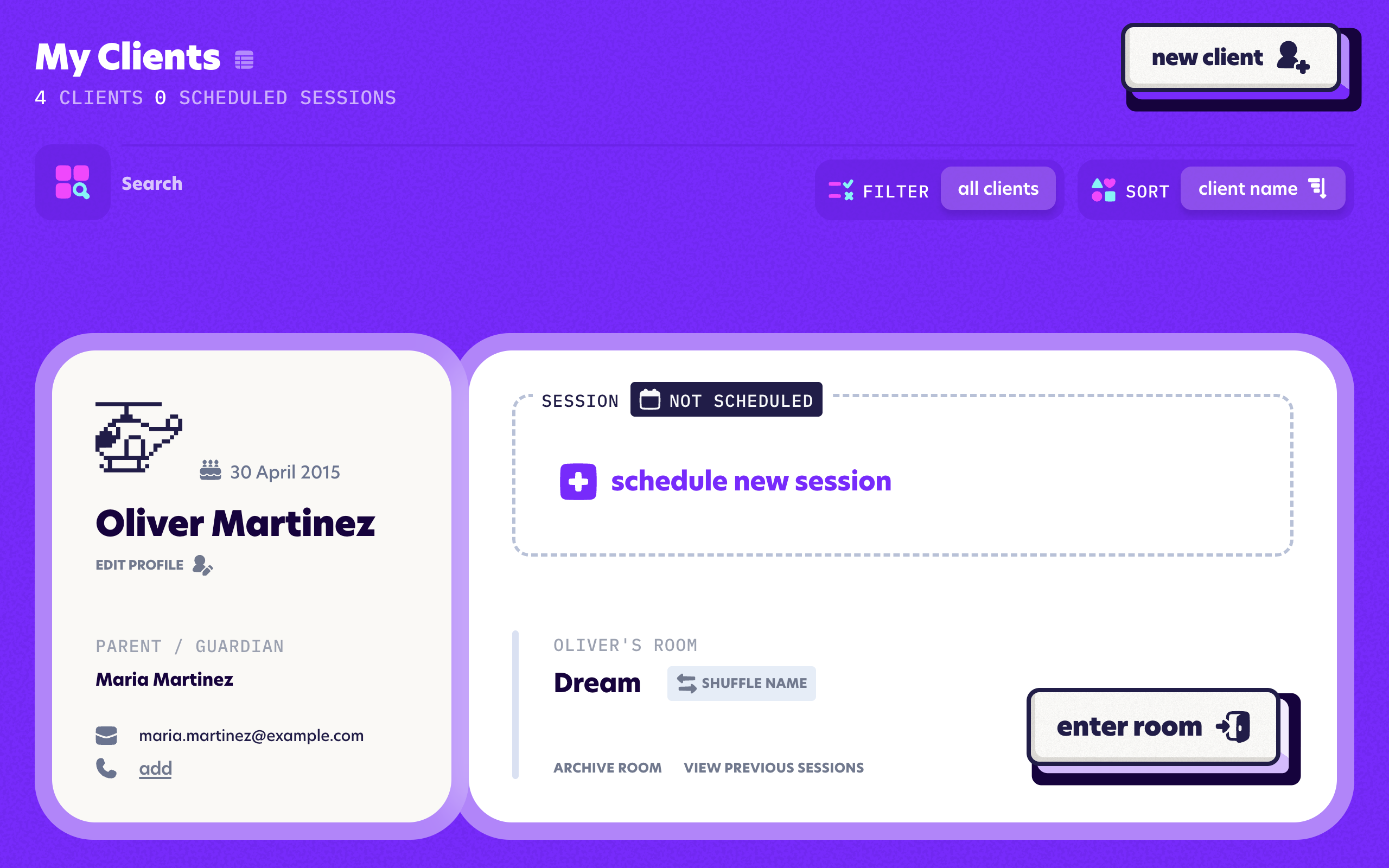 The clinician dashboard in card view