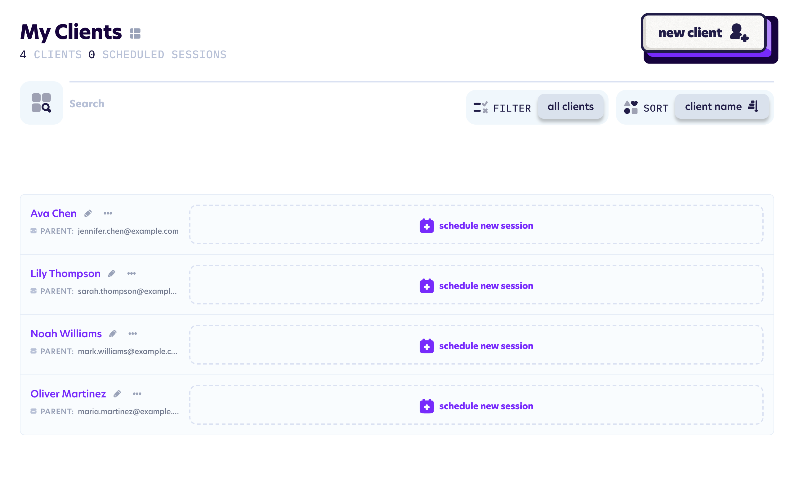 The clinician dashboard in table view
