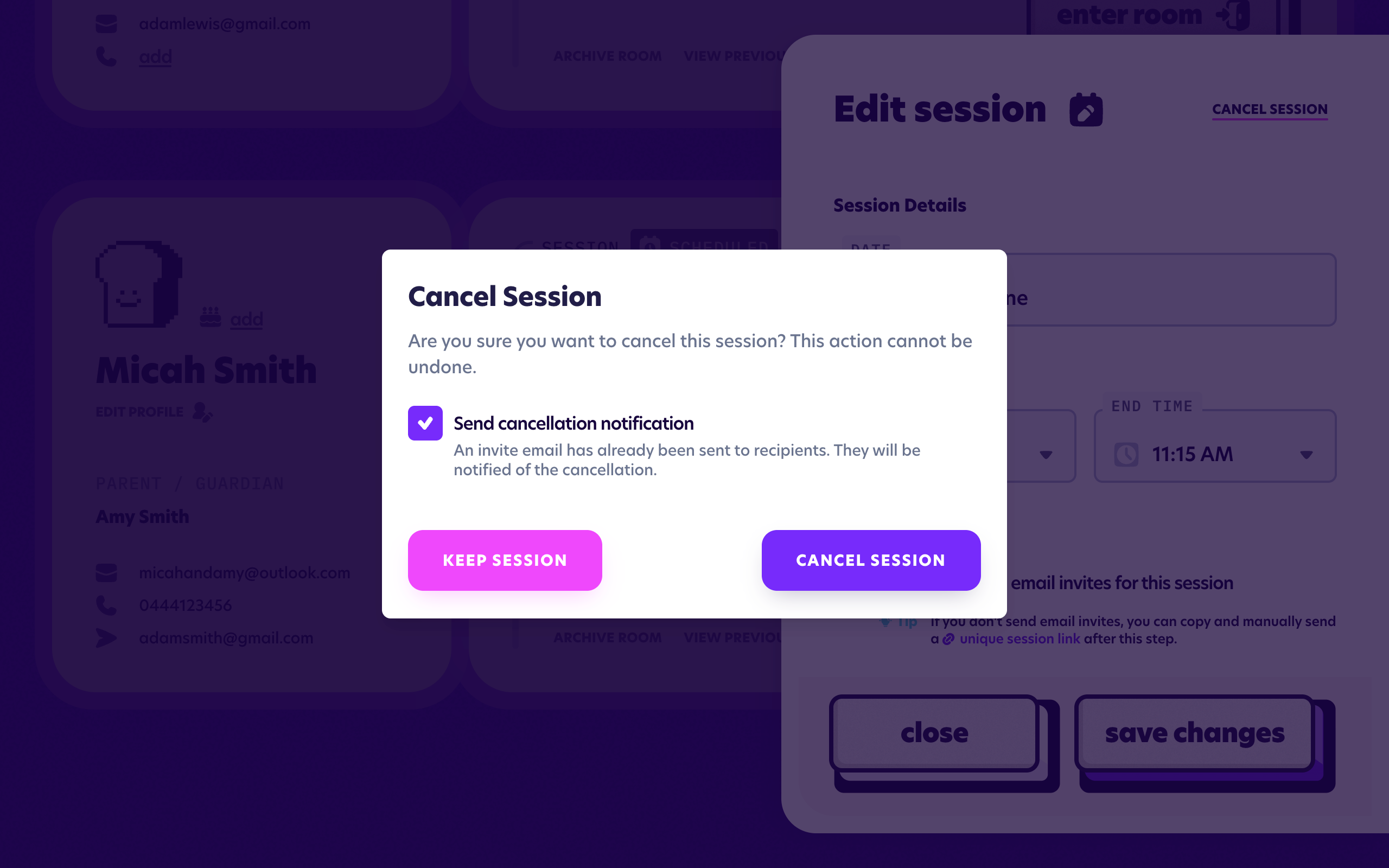 Confirming a session cancellation after invites have been sent