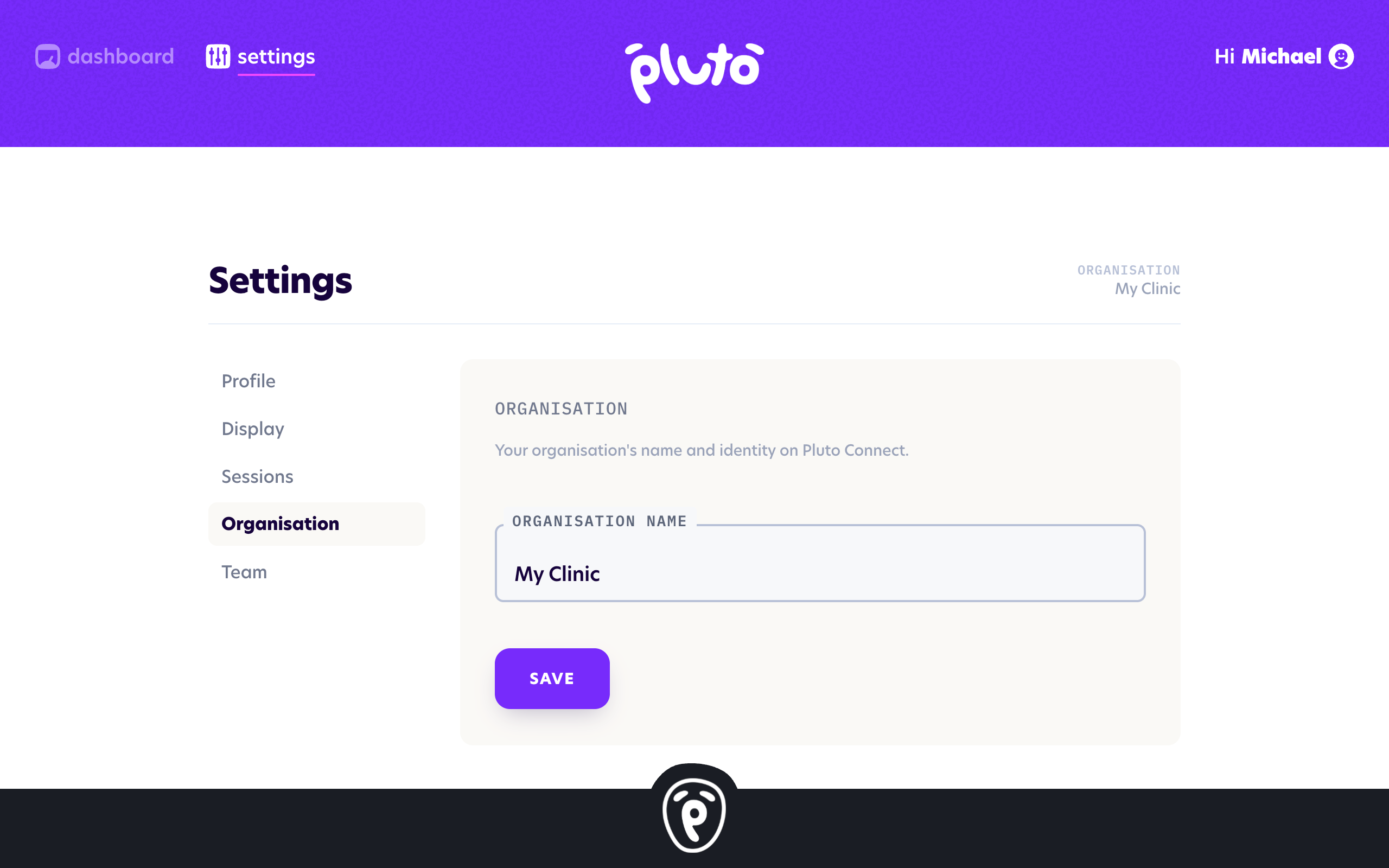 The Organisation settings page