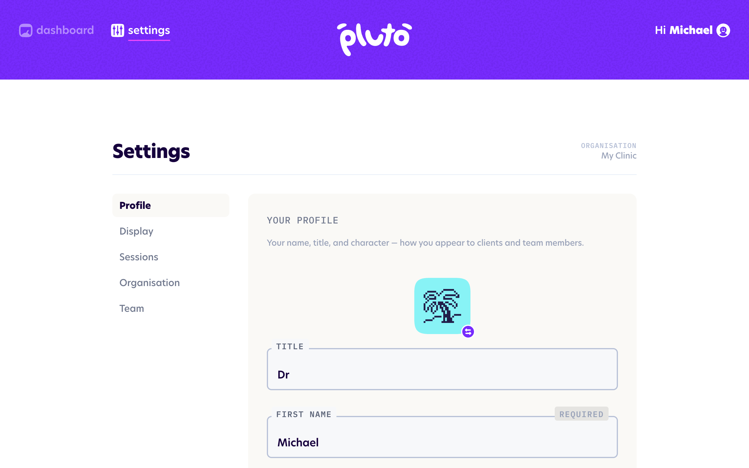 The Settings page, showing the navigation tabs on the left