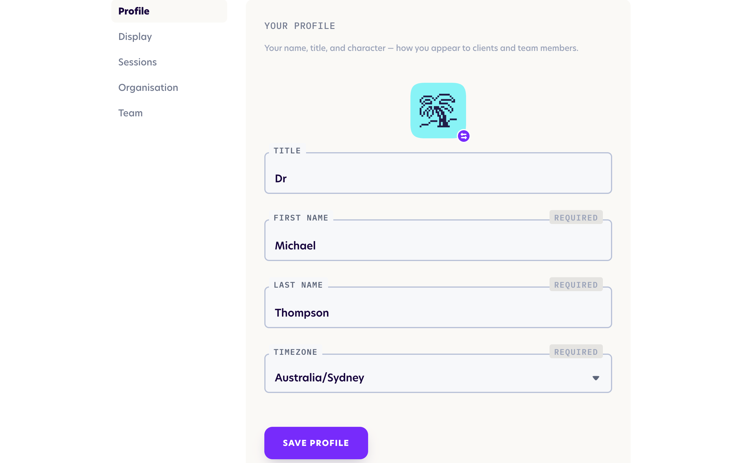 The Profile settings page