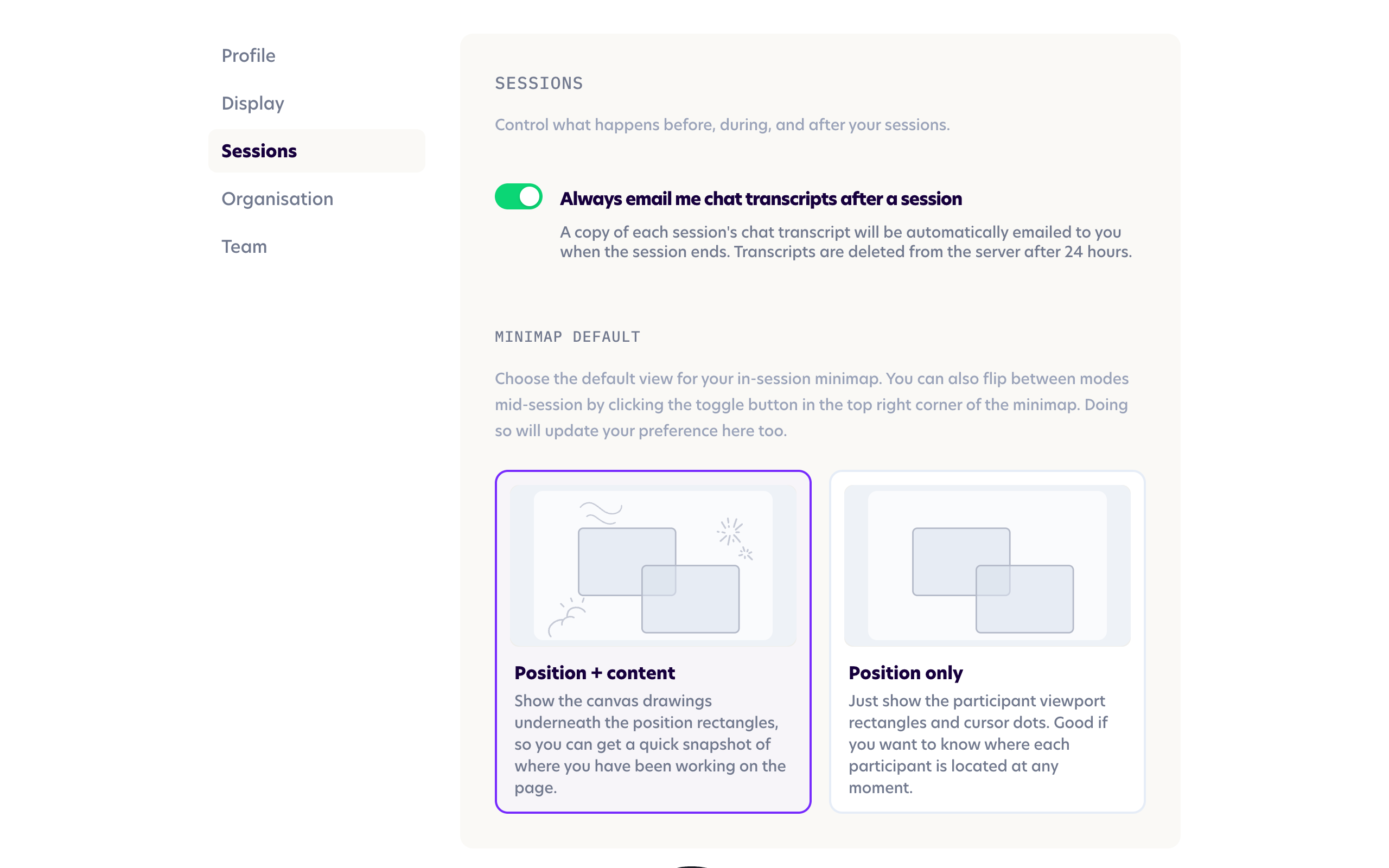 The Sessions settings page