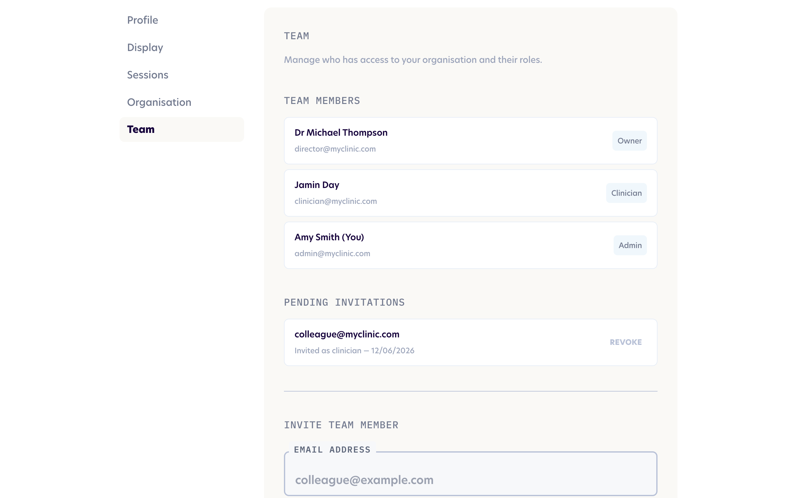 The Team settings page, showing team members and pending invitations